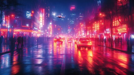 Cyberpunk city street at night, rain reflecting neon lights, drone flying.