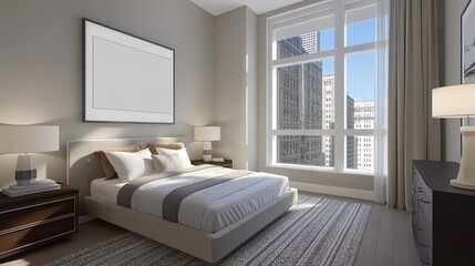 Fototapeta premium Contemporary Sparse Bedroom with Artistic Wall Frame and Sunlit Ambiance. A Serene Space for Art Display and Relaxation