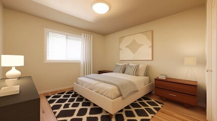 Contemporary Sparse Bedroom with Artistic Wall Frame and Sunlit Ambiance. A Serene Space for Art Display and Relaxation