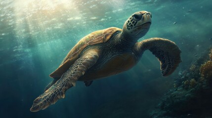Obraz premium Graceful Turtle Gliding Through Marine Habitat