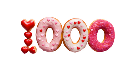 A romantic letter fashioned from donut dough, including three heart-shaped donuts in pink, red, and uncooked forms, placed on a pink background with glazed donuts