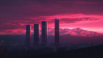 Fototapeta premium Stunning View of Cuatro Torres in Madrid at Dusk with Mountains