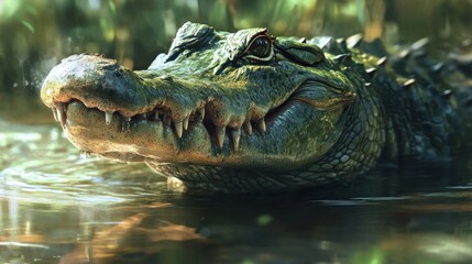 Obraz premium A realistic depiction of a crocodile partially submerged in water, showcasing its features.