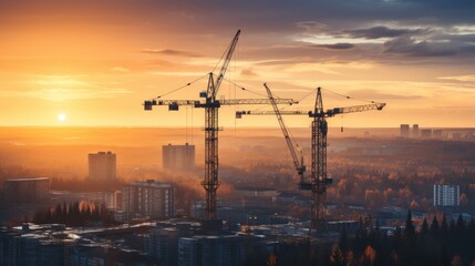 Fototapeta premium Construction at Sunset: Cityscape Silhouette