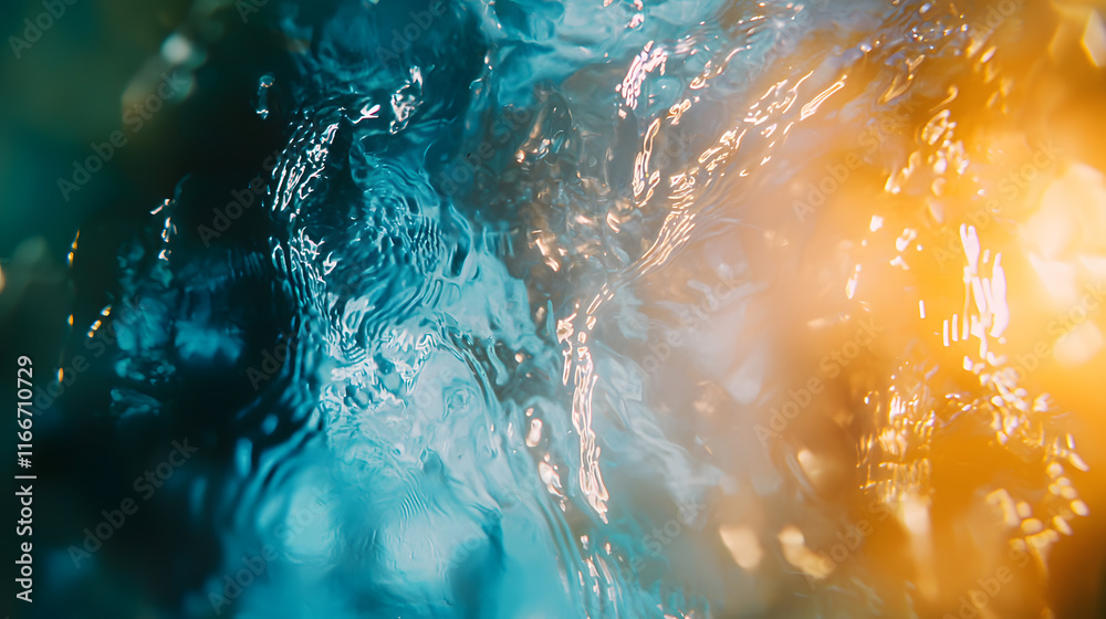 Wall mural Captivating abstract image of sunlight refracting through water, creating mesmerizing blend of blue and orange hues. fluid motion evokes sense of tranquility and depth