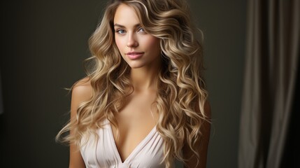 Naklejka premium Stunning Blonde Woman with Long Curly Hair, in Elegant Pose