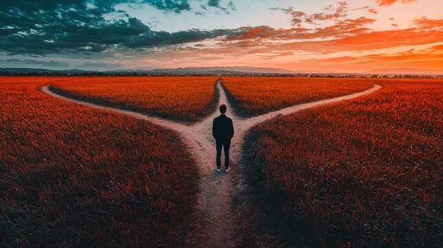 Man facing three paths at sunset.