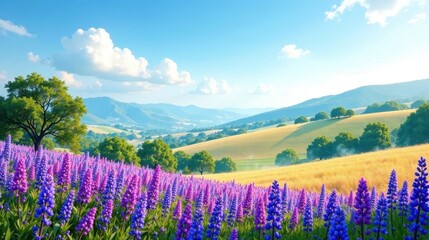 Serene Landscape of Rolling Hills and Vibrant Wildflower Meadow Under a Sunny Sky
