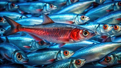 Fototapeta premium A captivating portrait study contrasts a single red herring against a multitude of blue, creating visual intrigue.