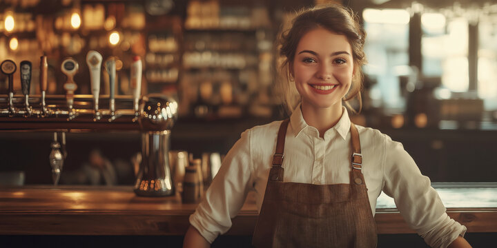 A beautiful, young European female bartender stands behind the bar in a cozy bar and smiles to the right. Advertising banner for a bar.