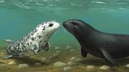 Fototapeta premium Playful Mammals Under Clear Ocean Water