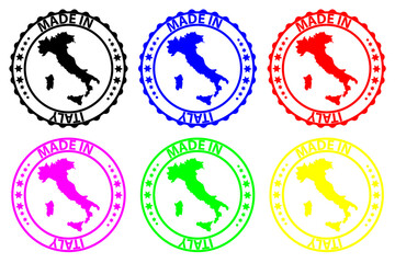 Made in Italy - rubber stamp - vector, Italy map pattern - black, blue, green, purple, yellow and red