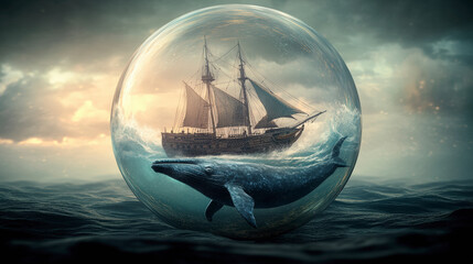 Captivating maritime mystery: Enchanting ship and whale trapped in a glass sphere on turbulent sea. Discover oceanic wonders today.