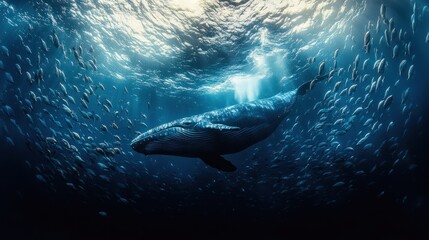 Obraz premium A humpback whale surrounded by a school of fish in the deep ocean, sunlit water.