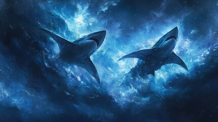 Fototapeta premium Sharks Gliding Gracefully in Dramatic Ocean Setting