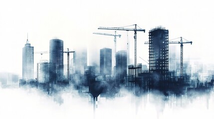 Modern Abstract City Skyline with Construction Cranes at Dusk
