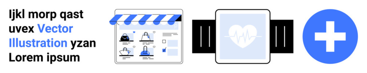 Digital storefront with shopping window, smartwatch displaying heart icon, medical symbol indicating healthcare. Ideal for e-commerce, healthcare, technology, fitness, online shopping, telemedicine
