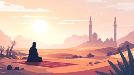 A serene desert scene with a figure meditating at sunset near a mosque.
