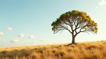 Obraz premium Solitary Tree in a Golden Meadow Under a Pale Sky