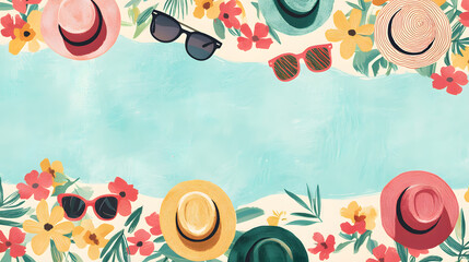Bright summer hats and sunglasses surrounded by tropical flowers create vibrant, cheerful atmosphere perfect for sunny day. Ideal for summer themed designs