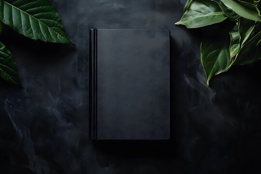 Black book mockup on dark background with green leaves.
