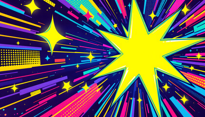 Fototapeta premium Pop Art Starburst and Clouds Background, Comic Book Style Explosion Illustration, Vibrant Pop Art Design with Halftone Dots
