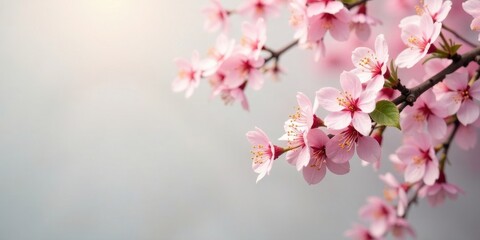 Obraz premium Delicate Pink Blossoms on a Branch, Softly Lit by Sunlight, Evoking Feelings of Springtime Serenity and Renewal