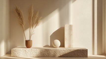 A serene display featuring natural elements and soft lighting for a calming aesthetic.