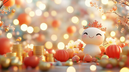 Cute cartoon character surrounded by colorful pumpkins and coins, celebrating autumn harvest festivity with cheerful, festive lights.