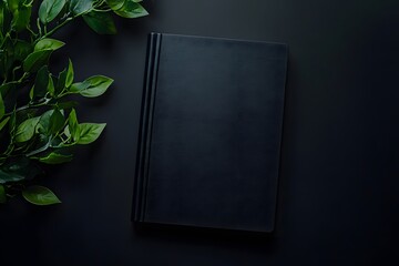 Blank black notebook with green leaves on dark background.