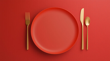 A red plate with a fork, knife and spoon on a red background
