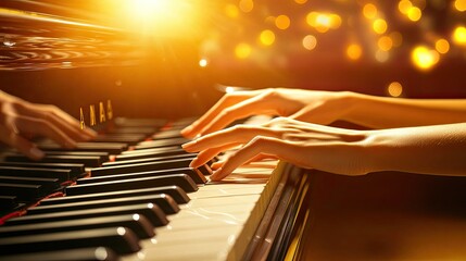 Close-up of the hands of a talented anonymous pianist who plays a grand piano brilliantly.