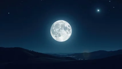 Serene Night Landscape Featuring a Full Moon Illuminating Rolling Hills and Distant Lights