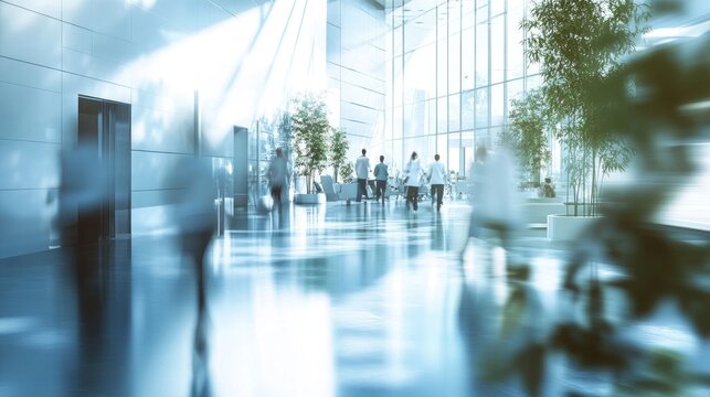 Motion blur in a modern hospital lobby. - Powered by Adobe