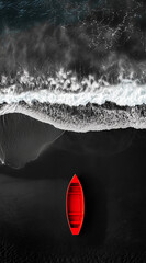 Minimalist aerial photography of the Black Sea, a red boat on a black sand beach, with waves in the background. The color scheme is black and white with one bright neon color as an accent.


