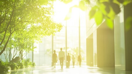 Obraz premium Blurred background of people walking in modern office building with green trees and sunlight.
