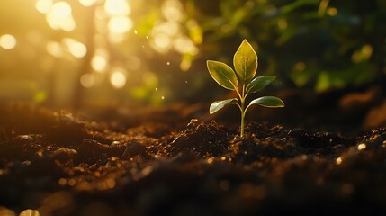 A fresh sprout in the soil illuminated by warm sunlight, soft natural light gently touching the young plant's leaves and the soil