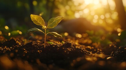 A fresh sprout in the soil illuminated by warm sunlight, soft natural light gently touching the young plant's leaves and the soil