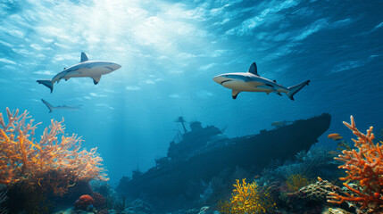 Fototapeta premium Explore the vibrant underwater world: sharks glide above a sunken ship, surrounded by colorful coral reefs and marine life.