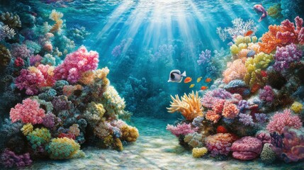 Naklejka premium Underwater Coral Reef with Artistic Sunlight Details