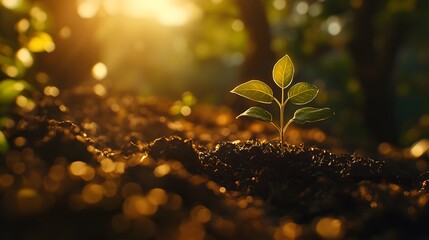 A fresh sprout in the soil illuminated by warm sunlight, soft natural light gently touching the young plant's leaves and the soil