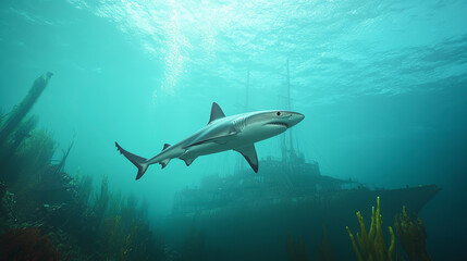 Naklejka premium Explore the mysterious depths with a shark gliding past a sunken ship, showcasing marine life and underwater adventure.