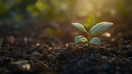 A fresh sprout in the soil illuminated by warm sunlight, soft natural light gently touching the young plant's leaves and the soil