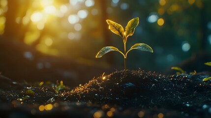 A fresh sprout in the soil illuminated by warm sunlight, soft natural light gently touching the young plant's leaves and the soil