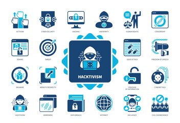 Hacktivism icon set. Anonymity, Hacking, Doxing, Mirroring, Cyberattack, DDOS Attack, Influence, Malware. Duotone color solid icons