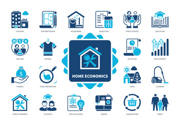 Home Economics icon set. Budgeting, Housework, Interior Design, Apparel, Nutrition, Applied Science, Finance, Family. Duotone color solid icons