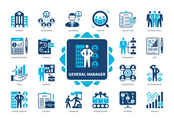 General Manager icon set. Governance, Staffing, Coordination, Planning, Sales, Strategy, Revenue, Goal Setting. Duotone color solid icons