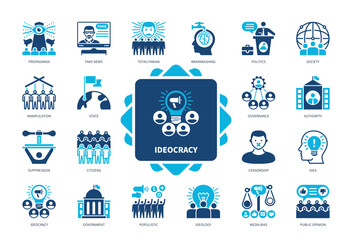 Ideocracy icon set. Totalitarian, Populistic, Idea, Governance, Ideology, Media Bias, Brainwashing, Society. Duotone color solid icons