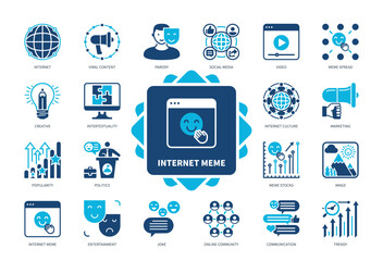 Internet Meme icon set. Parody, Meme Spread, Intertextuality, Viral Content, Joke, Entertainment, Trendy, Creative. Duotone color solid icons