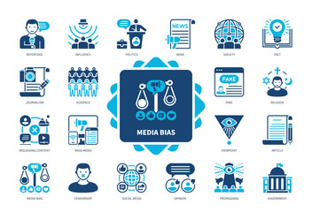 Media Bias icon set. Influence, Reportage, Fake, Journalism, Censorship, Misleading Content, Opinion, Propaganda. Duotone color solid icons